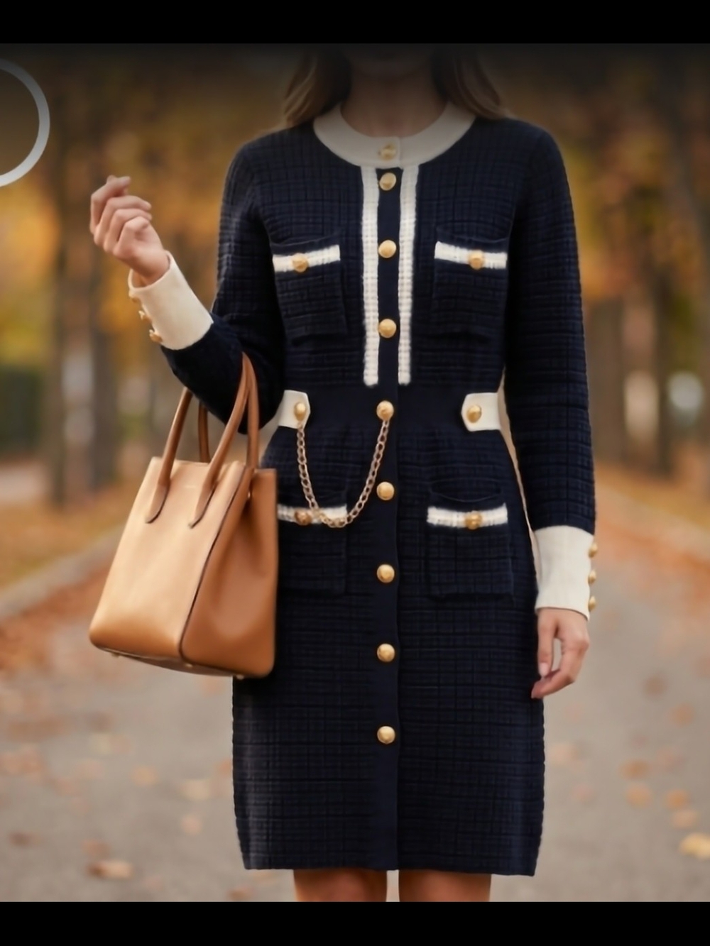 Black Gold And Cream . Tweed Button-Front Dress with Cream Trim